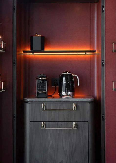 Minibar Design, Minibar Cabinet, Hotel Minibar, Feature Wall Design, Bar Shelves, Cabinet Detailing, Built In Cabinet, Hotel Room Design, Shelving Design