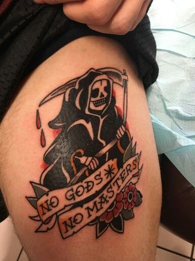 Grim - No Gods * No Masters Traditional Tattoo Reaper, Tato Tradisional, Grim Reaper Tattoo, Reaper Tattoo, Traditional Style Tattoo, Traditional Tattoo Sleeve, Old School Tattoo Designs, Traditional Tattoo Art, Modern Tattoos