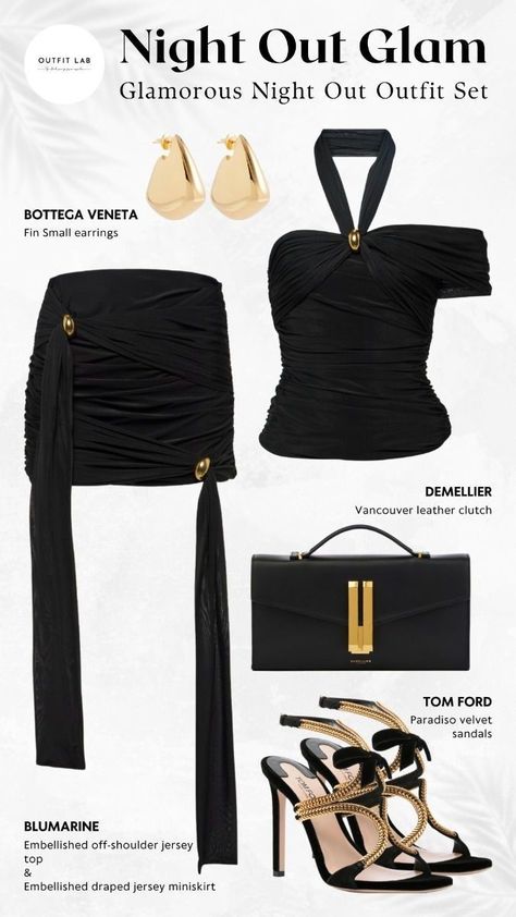 Show Stopping Outfits, Black Party Outfit Night, Black And Gold Outfit Ideas, Elegant Club Outfits, Gold Black Outfit, Party Elegant Outfit, Gold Top Outfit, Little Black Dress Outfit Party, Tom Ford Outfit