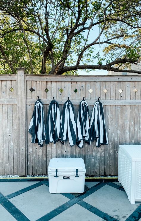 Friday Favorites- Outdoor Edition - Nesting With Grace Pool Bathroom Storage, Backyard Pool Furniture Ideas, Outdoor Pool Furniture Ideas, Pool Deck Furniture Ideas, Pool Furniture Ideas, European Eclectic, Pool Area Decorating Ideas, Outdoor Towel Hooks, Eclectic Exterior