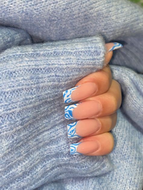 Blue Swirl French Tip Nails, White And Blue French Nails, Wavy French Nails, Wavy French Tip Nails, Blue And White French Tip, Swirl French Tip Nails, Blue French Tips, Girly Acrylic, White French Tip