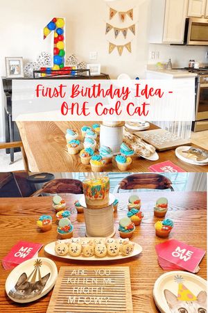 Kitty 1st Birthday Party, One Cool Cat Birthday, First Birthday Cat Theme, Cat Themed 1st Birthday Party, Cats First Birthday, Cat Themed First Birthday Party, Cat First Birthday Party, Birthday Theme For Boys, First Birthday Theme Boy