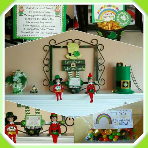 Elf on the shelf St. Patrick's day Birthday. Our Elves left a pot of gold under the rainbow,  brought a pot of, left "gold nuggets" all over, brought a pot Leprechaun kisses,  and special treat for each family member! St Patrick's Day Birthday, Elf On Shelf, Birthday Traditions, Elf Antics, Under The Rainbow, Pot Of Gold, Shelf Ideas, St Patrick’s Day, On The Shelf