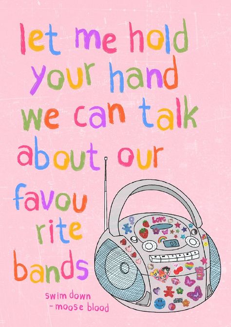 crayon kidcore aesthetic cute sticker 00s radio music pop punk band lyric poster song by moose blood swim down summer good vibes cute love Pop Punk Album Covers, 00s Pop Punk Aesthetic, Punk Pink Aesthetic, Punk Pop Aesthetic, Pastel Punk Aesthetic, Pink Punk Aesthetic, Pop Punk Lyrics, Midwestern Emo, Moose Blood