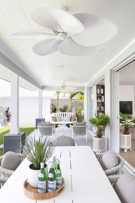 See how to create a classic outdoor room over on the blog. Outdoor Living And Dining Patio, Alfresco Ceiling Fan, Vj Ceiling Outdoor, Modern Coastal Alfresco, Hampton Style Outdoor Areas, Hamptons Alfresco Area, Vj Panelling Outdoor Area, Hampton Outdoor Living, Hamptons Outdoor Dining