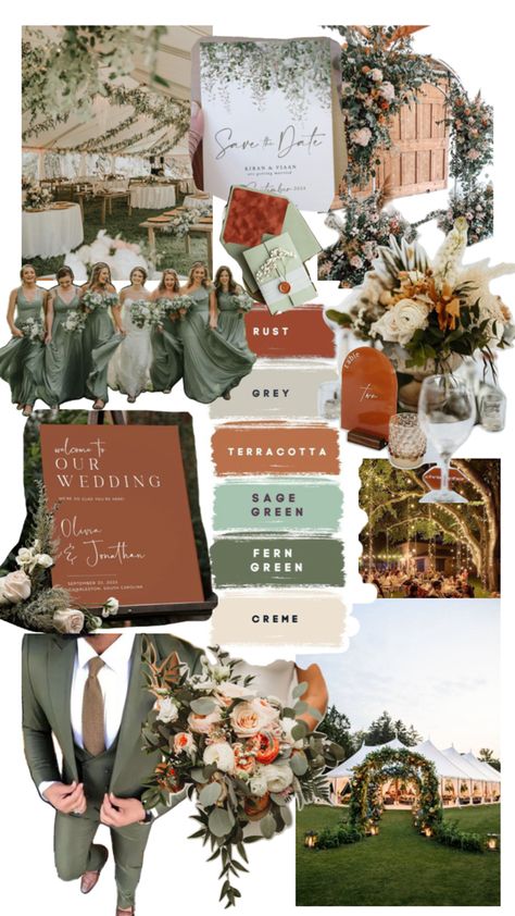 Wedding Party Themes Color Schemes, Olive Green And Orange Wedding Theme, Sage Green And Terracotta Wedding Party, September Wedding Colours, Boho Wedding Mood Board, Brown And Green Wedding Theme, Wedding Color Themes Colour Palettes, Sage Fall Wedding, August Wedding Colors Palette