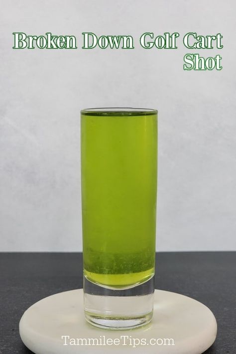 Easy Broken Down Golf Cart Shot is a great bright green cocktail shot that only takes a few ingredients. Really easy to make. A great St. Patrick's Day Cocktail shot or Christmas Cocktail. Broken Down Golf Cart Drink, Green Drinks Alcohol, Pickle Martini Recipe, Tequila And Sprite, Incredible Hulk Drink, Breakfast Shot, Green Cocktails, Shooter Recipes, Fun Party Drinks