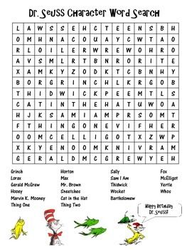 Students can complete this fun, free activity to celebrate Dr. Seuss' Birthday or Read Across America Week.  Characters from a variety of Dr. Seuss books are included in the word search.  An answer key is also included.   You can find more Dr. Seuss activities in my TPT store: http://www.teacherspayteachers.com/Product/Dr-Seuss-Cut-Glue-Write-and-Draw-Activities-1137681  *Clipart from Microsoft Office Gallery Dr Seuss Word Search, Birthday Drawing Ideas, Read Across America Week, Dr Seuss Classroom, Dr Seuss Activities, Dr Seuss Crafts, Birthday Drawing, Dr Seuss Books, Seuss Classroom