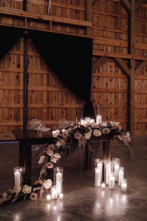 Bridal Table With Candles, Pillar Candles Head Table Wedding, Farm Table Sweetheart Table Wedding, Moody Candle Centerpieces, Candle Arch Wedding, Sweetheart Table Wedding With Candles, Bridal Table Candles, Pillar Candles Sweetheart Table, Head Table Candle Decor