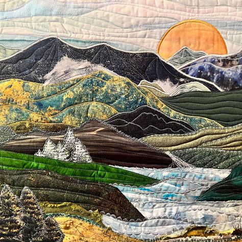 Mountain Quilt Block, Lake Landscape Art, Contemporary Art Quilt, Landscape Art Quilts, Mountain Quilts, Mountain Waterfall, Quilted Wall Hanging, Landscape Quilt, Landscape Quilts