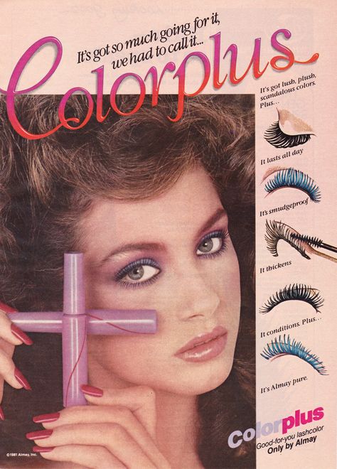 https://flic.kr/p/Jg9vv1 | Almay 1981 1980’s Makeup, 80s Hair And Makeup, 80’s Makeup, 1980s Makeup, Vintage Makeup Ads, Patti Hansen, 80s Makeup, Blue Mascara, Beauty Advertising