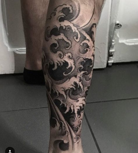 Japanese Polynesian Mix Tattoo, Skull And Waves Tattoo, Water Skull Tattoo, Wave Leg Tattoo, Blackwork Japanese Tattoo, Cloud Tattoo Sleeve, Wave Tattoos, Simple Wave Tattoo, Realistic Butterfly Tattoo