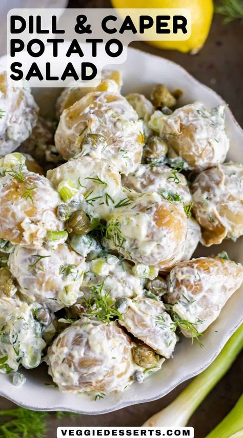 This Caper Potato Salad takes the traditional recipe up a notch with a tangy, creamy sauce that combines sour cream, dill, lemon zest, and a bold burst of capers. Potato Salad With Capers, Dill Pickle Potato Salad, Pickle Potato Salad, Salad With Capers, Herbed Potato Salad, Farmhouse Cooking, Salad Potato, Potato Salads, Savory Recipe