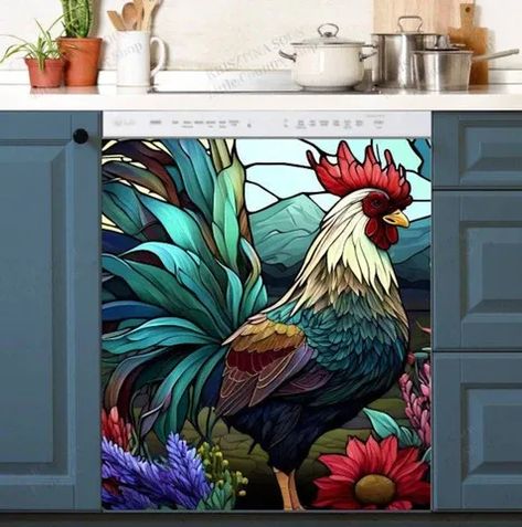 Decorating With Roosters In Kitchen, Country Kitchen Signs Diy, Dishwasher Magnet Covers, Dishwasher Cover Magnetic, Rooster Kitchen Decor Farmhouse Style, Chicken Decor Kitchen, Painted Dishwasher, Glass Farmhouse, Dishwasher Magnet Cover