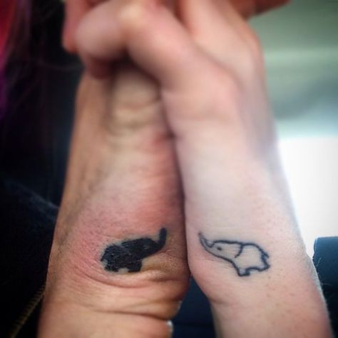 16 Couples Tattoos That Are Better Than Diamond Rings via Brit + Co. Couple Elephant Tattoo, Elephant Couple Tattoo, Matching Elephant Tattoos, Elephant Couple, Couple Tat, Tattoo Elephant, Couples Stuff, Couples Tattoos, Couple Tattoo