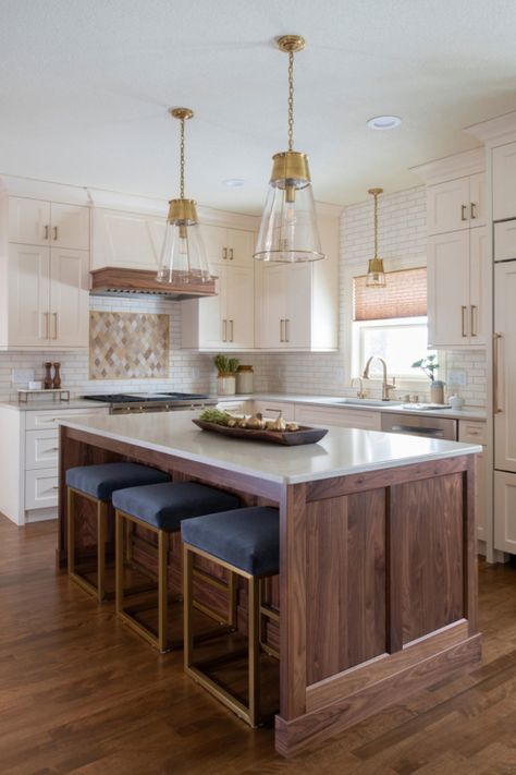 123118 Harmony Of Dark Wood And Off White Cabinets Walnut Kitchen Island, Dark Wood Kitchen Cabinets, Dove Wing, Off White Cabinets, Light Wood Kitchens, Two Tone Kitchen Cabinets, Brown Kitchen Cabinets, Efficient Kitchen, Dark Wood Kitchens