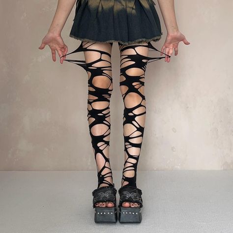 Black Ripped Tights #moodymumu #ripped #grunge Black Ripped Tights, Zombie Oc, Ripped Fishnets, Scene Fit, Ripped Tights, Retro Coquette, Goth Stuff, Dark Punk, Countries In Europe