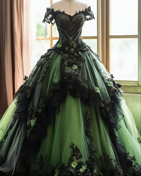 Goth Wedding Dresses, Green Wedding Dresses, Dreamy Gowns, Off Shoulder Evening Dress, Fantasy Dresses, Dream Wedding Ideas Dresses, Prom Dress Inspiration, Fantasy Gowns, Pretty Prom Dresses