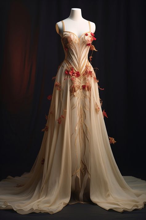 Spider Lily inspired gown Formal Fantasy Dress, Wedding Dresses With Orange Accents, Fantasy Gown Aesthetic, Dnd Ball Gown, Fantasy Dresses Aesthetic, Spider Lily Dress, Fantasy Flower Dress, Spring Court Dress, Mystical Dresses Fairytale