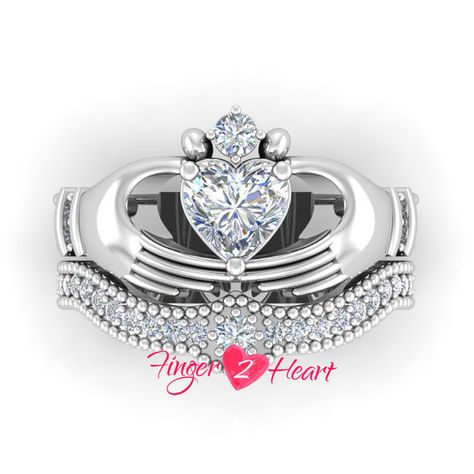 2.90 Ct White Claddagh Wedding Ring Set 925 by Finger2Heart Claddagh Engagement Ring, Claddagh Ring, Classic Engagement, Claddagh Rings, Princess Cut Rings, Bridal Wedding Rings, Anniversary Jewelry, Heart Shaped Diamond, Wedding Ring Set