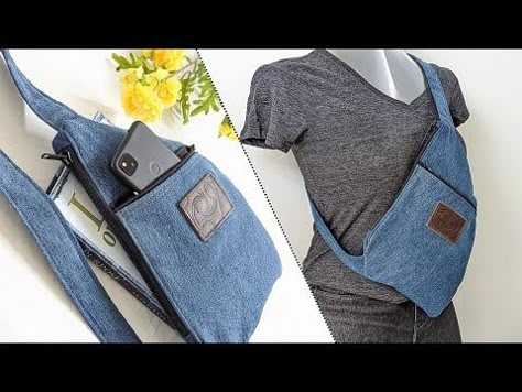 DIY Casual Denim Sling Chest Crossbody Bag Out of Old Jeans | Bag Tutorial | Upcycle Craft - YouTube Denim Hip Bag, Upcycle Bags Diy, Simple Sling Bag Pattern, Denim Sling Bag Diy, Denim Bags Diy Recycling Old Jeans, Crossbag Outfits, No Pattern Sewing Projects, Sling Bag Pattern Free Sewing, Diy Sling Bag Pattern Free