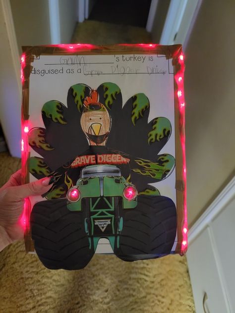 Printed out pictures of the driver outfit and Grave Digger sunglasses, then pasted on cardboard and added red led lights! Race Car Driver Turkey Disguise, Disguise A Turkey Race Car Driver, Monster Truck Turkey Disguise, Disguise A Turkey Monster Truck, Turkey Disguise Project Boys, Kids Pumpkin Ideas, Turkey Disguises, Disguised Turkey, Driver Outfit