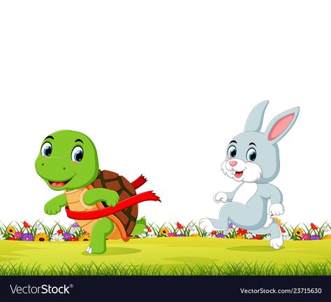 Turtle Drawing Realistic, Rabbit And Tortoise, Cute Turtle Drawings, Sea Turtle Drawing, Rabbit Artwork, Rabbit Vector, Drawing Realistic, Turtle Drawing, Story Drawing