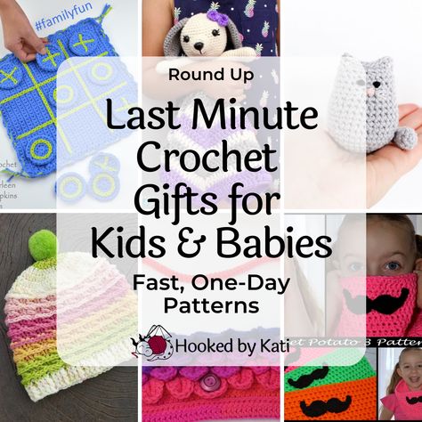 Kids are hard to make crochet gifts for, especially on a time crunch. These patterns will take you one day or less to complete. They are from some of your favorite designers, in no particular order.  Continue reading Last Minute Crochet Gifts for Kids & Babies at Hooked by Kati. Last Minute Crochet Gifts, Crochet Gifts For Kids, Quick Crochet Gifts, Fast Crochet, Crochet Christmas Gifts, Crocheting Projects, Crochet Toddler, Amazing Crochet, Crochet Gift