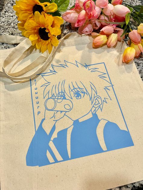 "Super Cute and Functional Anime Tote Bag!  Tote bag size: 16\" x 15\"  100% Cotton Hand wash only with light detergent. Hang Air Dry." Gift For Anime Lover, Lover Anime, Painted Canvas Bags, Anime Tote Bag, Anime Bag, Painted Tote, Blue Tote Bag, Anime Lover, Bag School