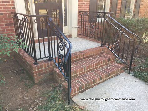 Entrance Iron Railings Raleigh NC Stairwell Railing, Step Railing Outdoor, Porch Upgrades, Wrought Iron Porch Railings, Copper Awning, Iron Stairs, Arched Front Door, Front Porch Railings, Outdoor Stair Railing