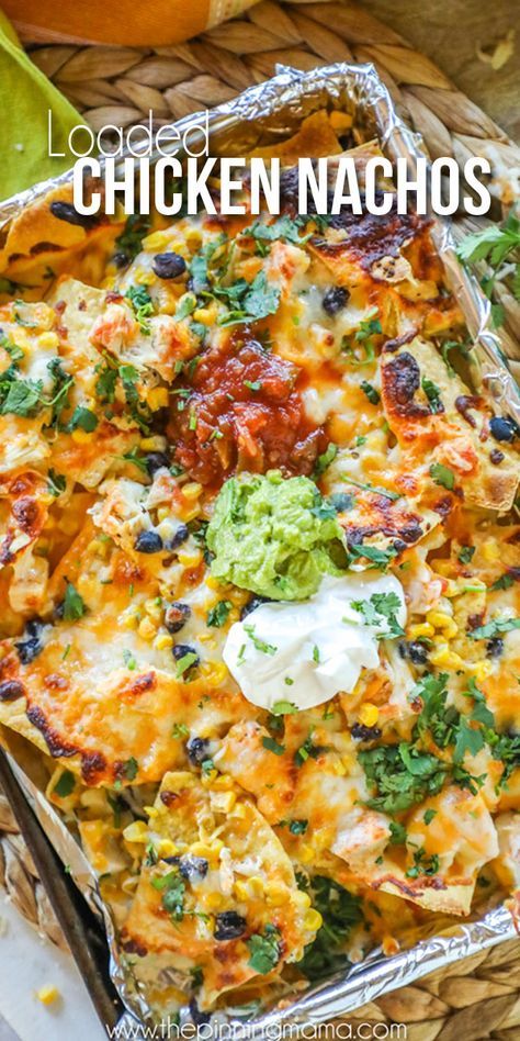 Loaded Chicken Nachos with Sour Cream, Salsa and Guacamole Baked Chicken Nachos, Loaded Chicken Nachos, Salsa And Guacamole, Loaded Chicken, Chicken Nachos Recipe, Nachos Recipe Easy, Recipe Beef, Chicken Nachos, Queso Dip