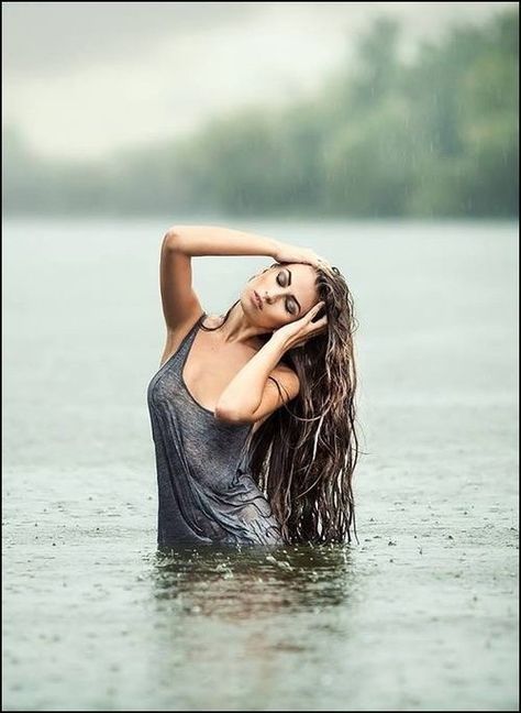 Rain Lake Portrait, Lake Photoshoot, Bouidor Photography, Water Shoot, Wet Dress, Water Pictures, Nature Photoshoot, Girl In Water, Lake Photography