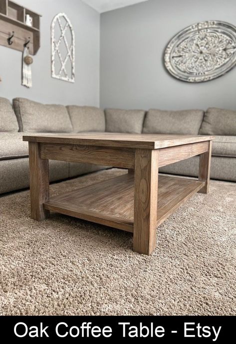 This oak coffee table is crafted from red oak that is responsibly sourced and kiln dried from a local hardwood lumber yard, not the big box store. Each rough sawn board is hand selected and carefully milled down piece by piece in order to ensure only the best quality lumber is used. The same amount of care goes into constructing the table by using mortise and tenon joinery. There are four drawers (two on each side of the table) and a bottom shelf Rectangle Coffee Table With Shelf, Sturdy Coffee Table, Rustic Farmhouse Living Room Coffee Tables, Coffee Table And End Tables Living Rooms, Red Oak Coffee Table, Simple Wooden Coffee Table, Light Oak Coffee Table, Diy Oak Coffee Table, Short Coffee Table