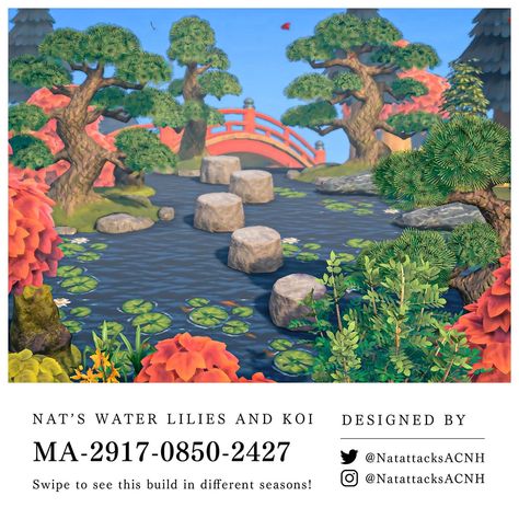 Koi Pond Design, Pond Animals, Motif Jungle, Japanese Town, Design Atelier, Acnh Design, Animal Crossing Wild World, Island Theme, Qr Codes Animal Crossing