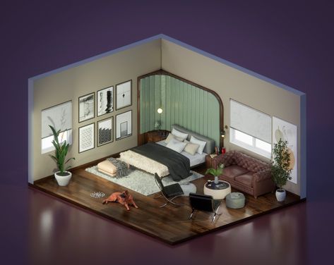 Bedroom design Bedroom Isometric Drawing, Bedroom Isometric, Isometric Living Room Illustration, Isometric Bedroom 3d, Isometric 3d Room, Blender 3d Isometric Room, Kotatsu Table, Bedroom Design, Bedroom