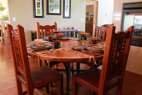 Dinning Table And Chairs, Copper Dining Table, Rustic Pine Furniture, Copper Furniture, Pottery Mexican, Mexican Furniture, Marketing Events, Talavera Tile, Diy Dining Table