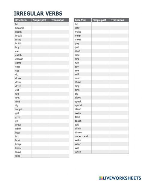 Irregular Verbs Exercises, Irregular Verbs Worksheet, Verbs Worksheet, Verb Worksheets, Irregular Verbs, English As A Second Language (esl), English As A Second Language, Interactive Activities, School Subjects