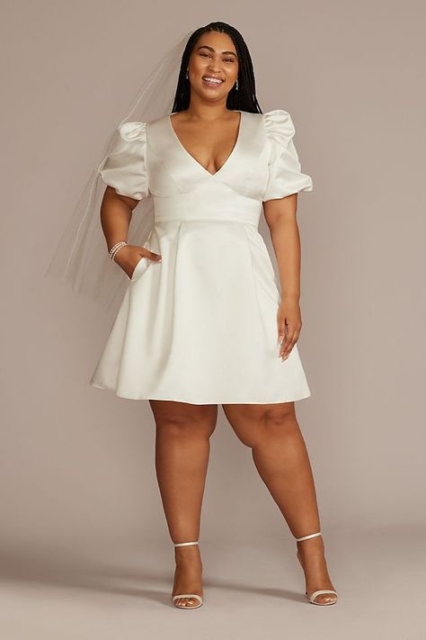 Wedding Dresses - DB Studio Short Satin Puff Sleeve Dress with Empire Waist Style # SDWG1089 – View Image 1 Plus Size Bachelorette Outfit For Bride, Plus Size Elopement Dress, Satin Puff Sleeve Dress, Plus Size Wedding Dress Short, Puff Sleeve Plus Size, Bridal Satin Dress, Shower Dress For Bride, Courthouse Wedding Dress, Civil Wedding Dresses