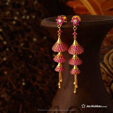 Gold Jhumkas from Josalukkas, 22K Gold Jhumka Designs from Josalukkas. Jos Alukkas Jewellery Gold, Pink Jhumka, Gold Jhumka Designs, Jhumka Design, Gold Jhumkas, Jewelry Fancy, Gold Jhumka, Jhumka Designs, Gold Earrings Indian