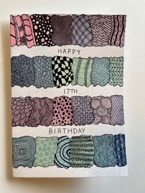 17th birthday card made with watercolour and black fineline pen 17th Birthday Card Ideas, 17th Birthday Card, Watercolour Birthday Card, Birthday Card Ideas, Happy 17th Birthday, Watercolor Birthday Cards, Watercolor Birthday, Zentangle Drawings, 17th Birthday