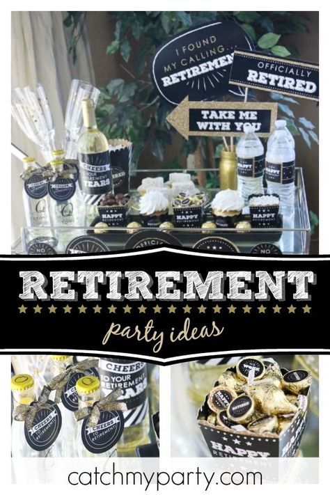 Retire in style with this great retirement party! The photo booth props are really cool!! See more party ideas and share yours at CatchMyParty.com #catchmyparty #partyideas #retirementparty Retirement Party Decorations Ideas, Work Retirement Party Ideas Decoration, Office Retirement Party Decorations, Retirement Centerpiece Ideas, Retirement Decoration Ideas, Work Retirement Party Ideas, Office Retirement Party, Retirement Party Centerpieces, Retirement Party Ideas