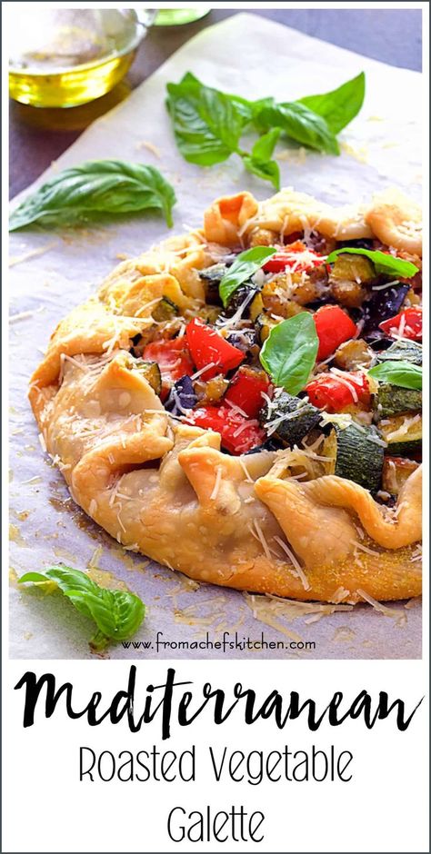 Mediterranean Roasted Vegetable Galette is elegant yet fuss-free and the perfectly delicious way to enjoy a summer vegetable bounty! #vegetable #roastedvegetable #galette #quiche #tart #mediterranean Mediterranean Vegetable Galette, Root Vegetable Galette, Vegetable Galette Recipe, Roasted Vegetable Tart, Mediterranean Galette Recipe, Rustic Tart Recipes, Roasted Vegetable Galette, Vegan Galette Savory, Roasted Vegetable Quiche