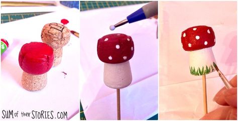 How to Make Upcycled Cork Fairy Houses — Sum of their Stories Craft Blog Mushroom Cork Diy, Wine Cork Mushroom, Cork Mushrooms, Champagne Cork Crafts, Paint Cork, Mushroom Crafts, Cork Projects, Holiday Program, Champagne Corks