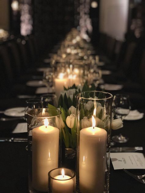 Long Table Reception, Rustic Candle Centerpieces, Long Table Centerpieces, Fall Candle Centerpieces, Pillar Candle Centerpieces, Gold Pillar Candles, Dark Wedding Theme, Dinner Centerpieces, Graduation Dinner