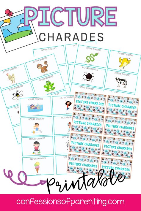 Picture charades is an all-inclusive game that even your youngest kids can enjoy playing because there is no reading required! During their turn, they choose a card, look at the picture and start acting! You will want to grab these game cards for instant fun for everyone. Headbandz Game Free Printables, Kids Charades, Charades Word List, Pictionary For Kids, Charades Ideas, Charades For Kids, Charades Cards, Charades Game, Executive Functioning