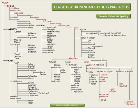 Bible Teachings - Genealogy Chart from Noah to the 12 Patriarchs. Descendants of Noah, Japheth, Shem, Ham, Abraham, Isaac and Jacob - ConformingToJesus.com Bible Family Tree, Genesis Bible Study, Abraham Isaac, Bible Genealogy, Bible Timeline, Genealogy Chart, Bible Mapping, Bible Study Topics, Understanding The Bible