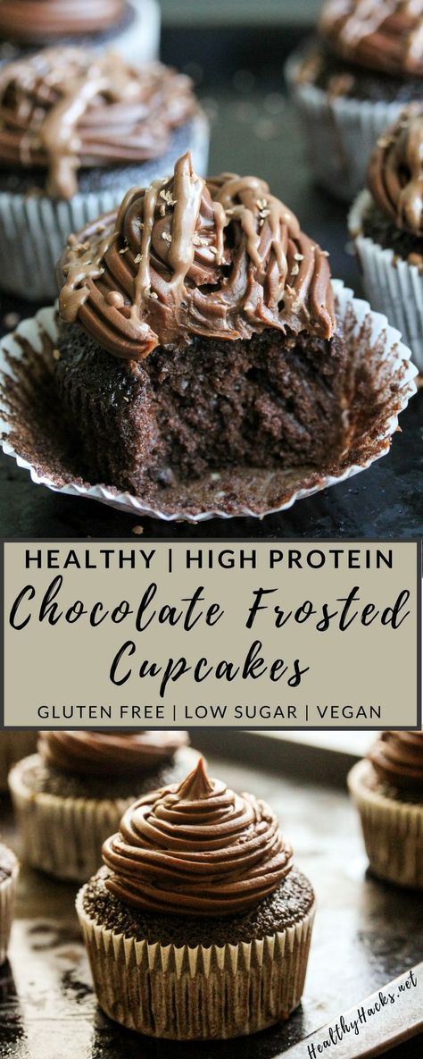 These high protein chocolate cupcakes with chocolate frosting are light and airy and deceivingly healthy! They're also vegan and gluten free! Classy Cupcakes, Healthy Chocolate Cupcakes, Frosting For Chocolate Cupcakes, Cupcakes With Chocolate Frosting, Protein Cupcakes, Milk Chocolate Recipes, Brownie Desserts Recipes, Healthy High Protein Snacks, Dark Chocolate Recipes