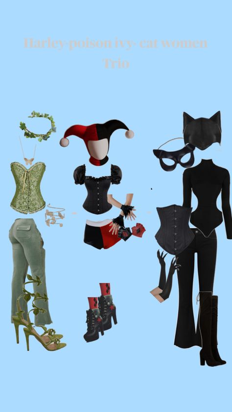 Halloween costume inspo Cat Women Halloween Costumes, Poison Ivy And Harley Quinn, Catwoman Halloween Costume, Ivy And Harley, Poison Ivy Halloween Costume, Cartoon Halloween Costumes, Halloween Costumes Brunette, Harley Quinn Halloween Costume, Trio Costumes