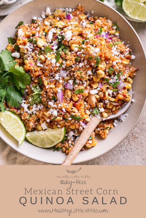 Dairy-Free Mexican Street Corn Quinoa Salad Quinoa Salad Feta, Salad Dairy Free, Corn Quinoa Salad, Quinoa Salad Vegan, Corn Quinoa, Picnic Side Dishes, Street Corn Salad, Mexican Street Corn Salad, Quinoa Salad Recipes