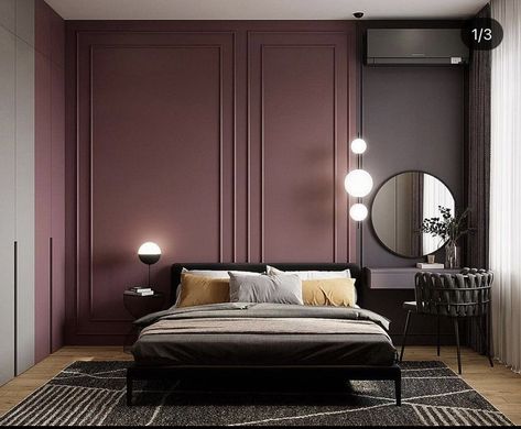 Neutral And Plum Bedroom, Bedroom Main Wall Ideas, Plum Bedroom Ideas, Bedroom Purple Walls, Maroon Room, Maroon Bedroom, Plum Bedroom, Burgundy Room, Loft Style Interior